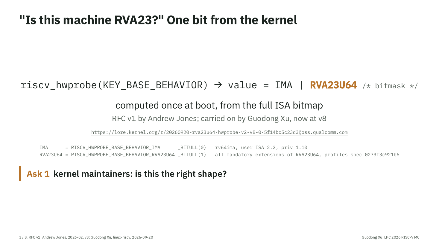 Slide 3: “Is this machine RVA23?” One bit from the kernel